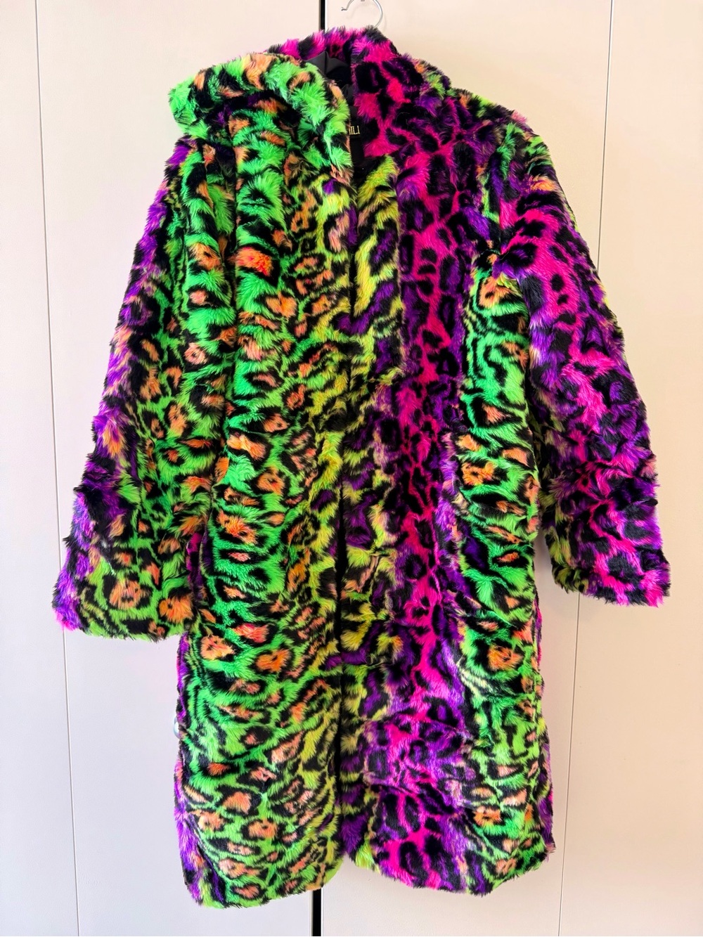 Neon Acid Rainbow Leopard Faux Fur Coat